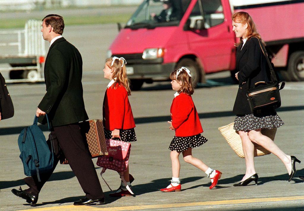 Prince Andrew, Princess Beatrice, Princess Eugenie and Sarah after a break at Balmoral in 1997