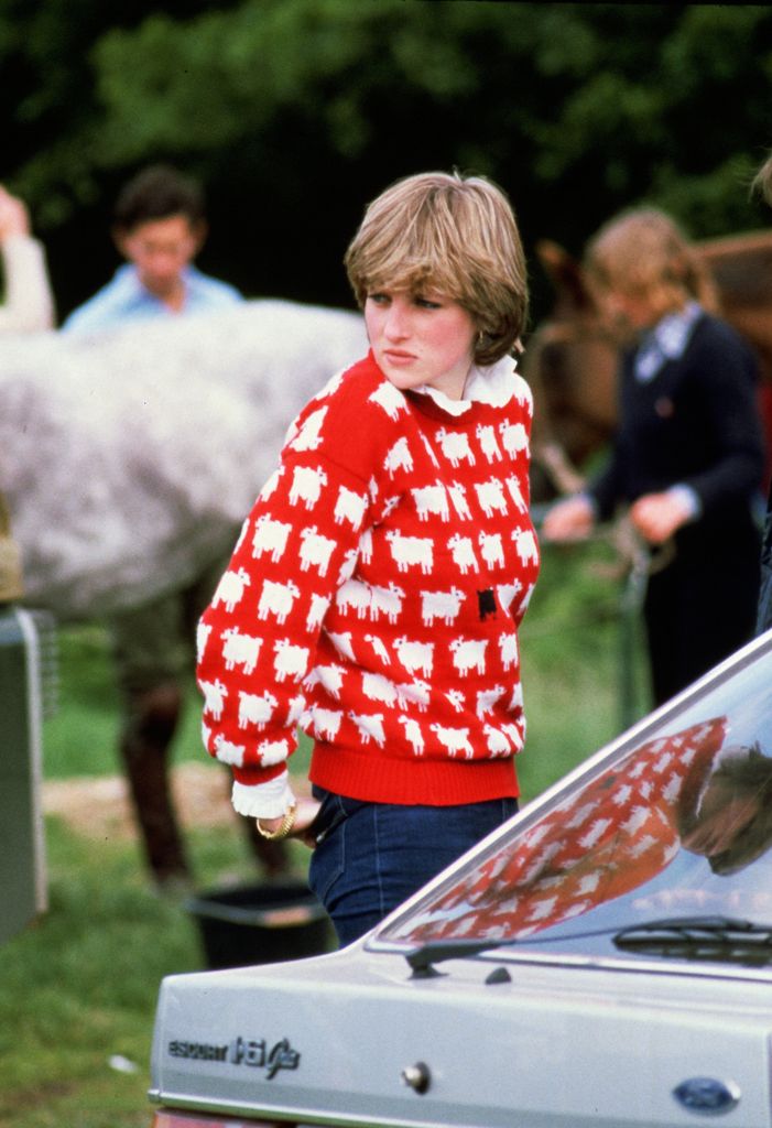 Princess Diana wearing red sheep jumper 