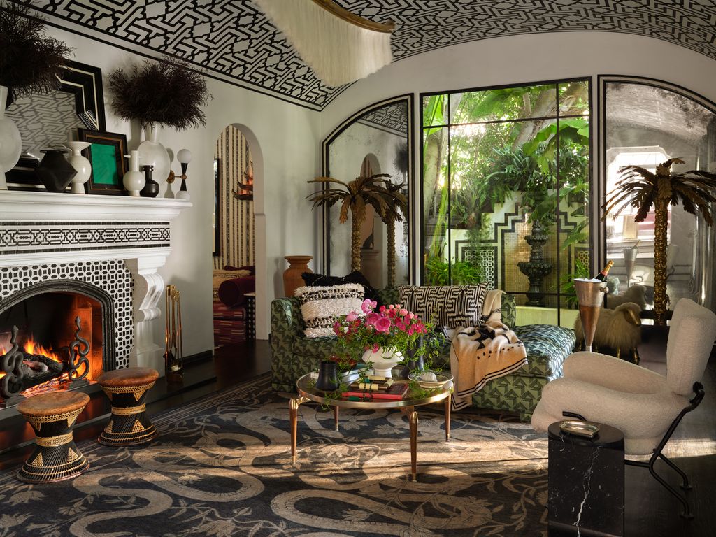 The living room and fireplace in Martyn Lawrence Bullard's Hollywood residence 