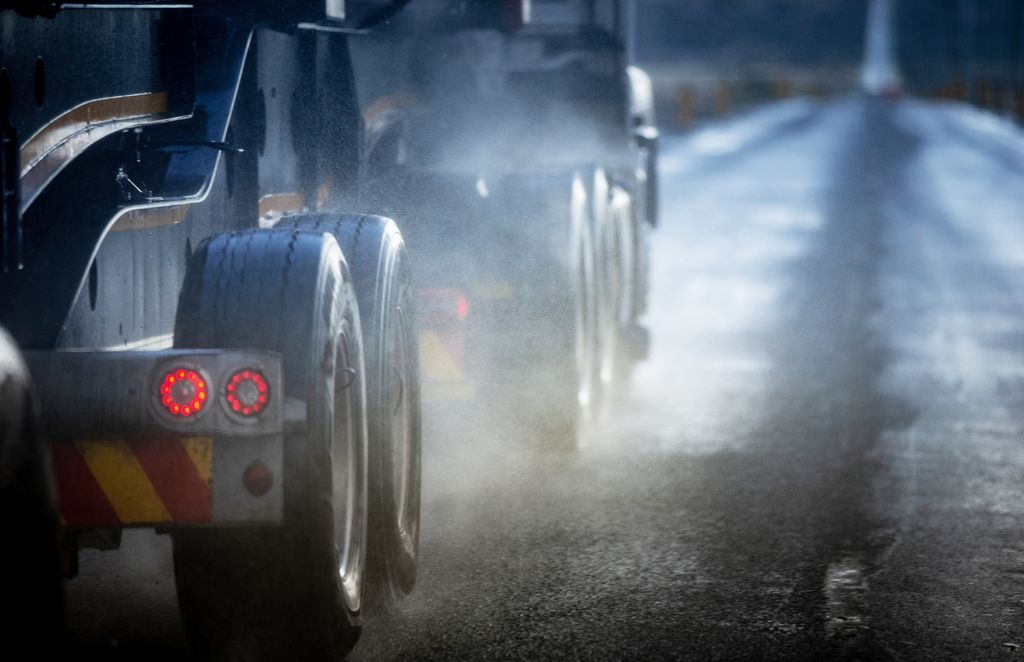 Truck tyres on a wet road