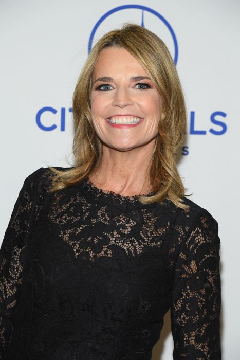 savannah guthrie smiling in a lace black top