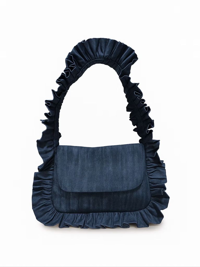 denim ruffle bag