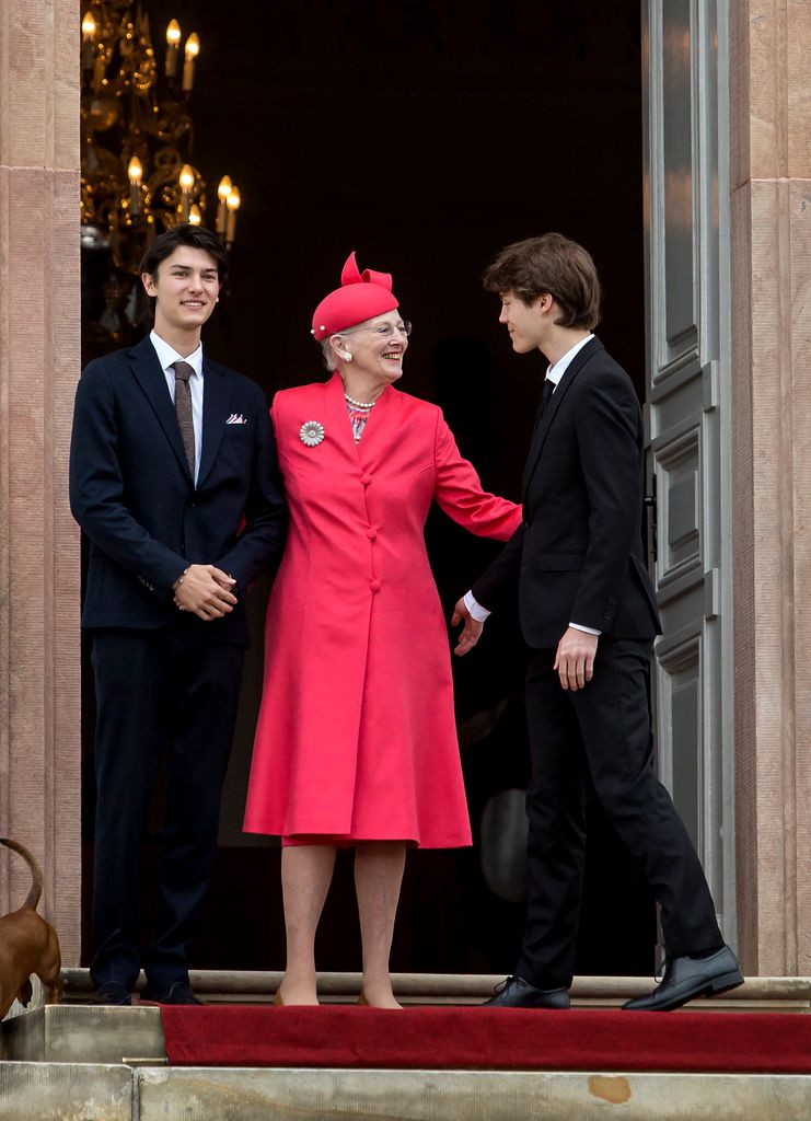 Queen Margrethe greets Prince Felix and Prince Nikolai