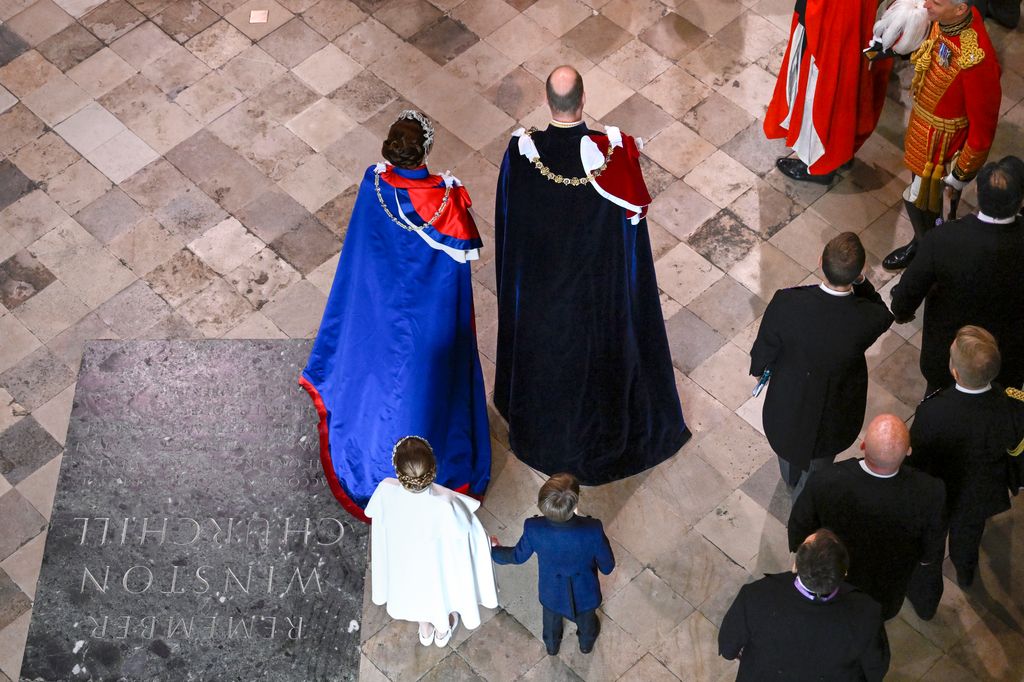 Catherine, Princess of Wales, Prince William, Prince of Wales, Princess Charlotte of Wales and Prince Louis of Wales during the Coronation of King Charles III and Queen Camilla