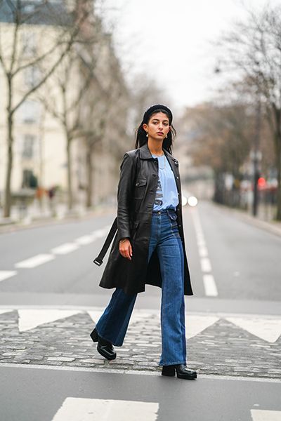 Woman Wearing Flares And A Leather Trench