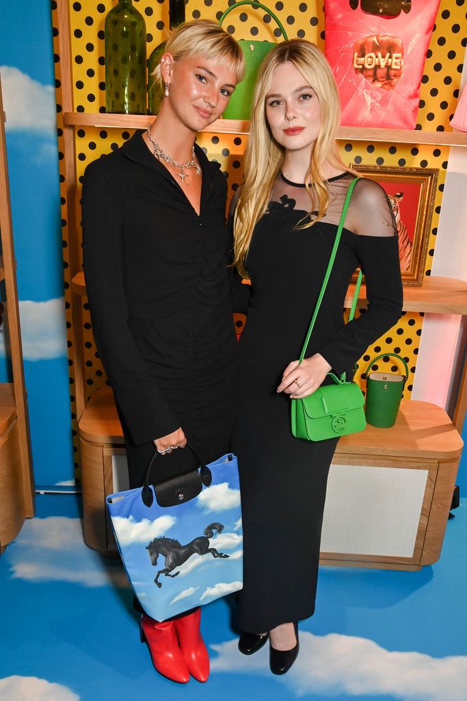 LONDON, ENGLAND - JULY 12: Mia Regan and Elle Fanning attend the Longchamp x Toiletpaper Pop Revolution launch party on July 12, 2023 in London, England. (Photo by Dave Benett/Getty Images for Longchamp)