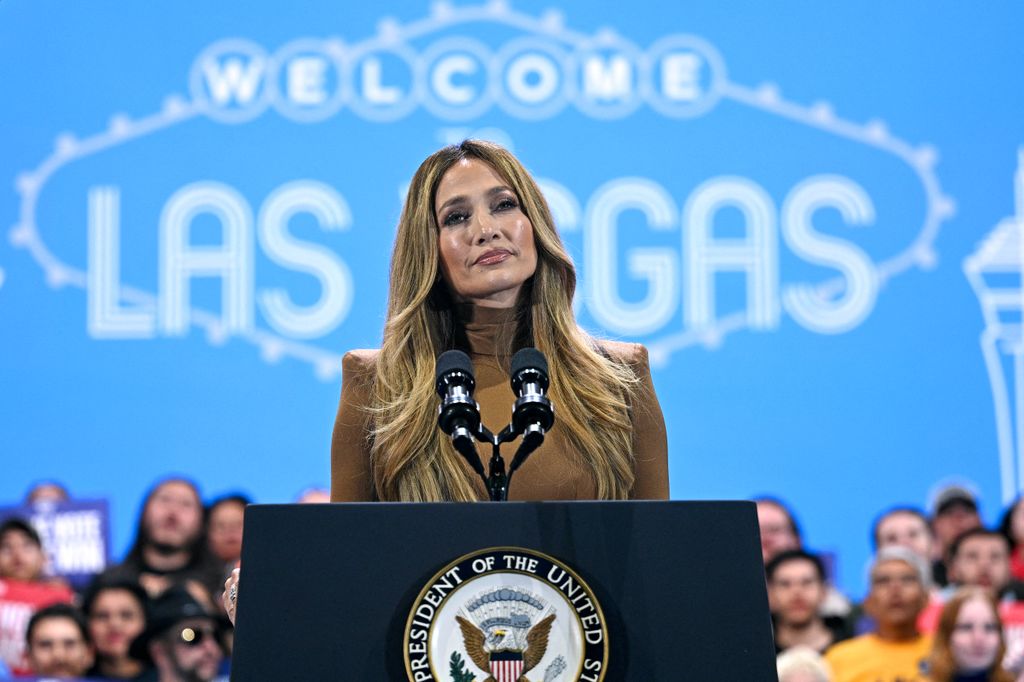 US singer Jennifer Lopez speaks during a campaign rally for US Vice President and Democratic presidential candidate Kamala Harris