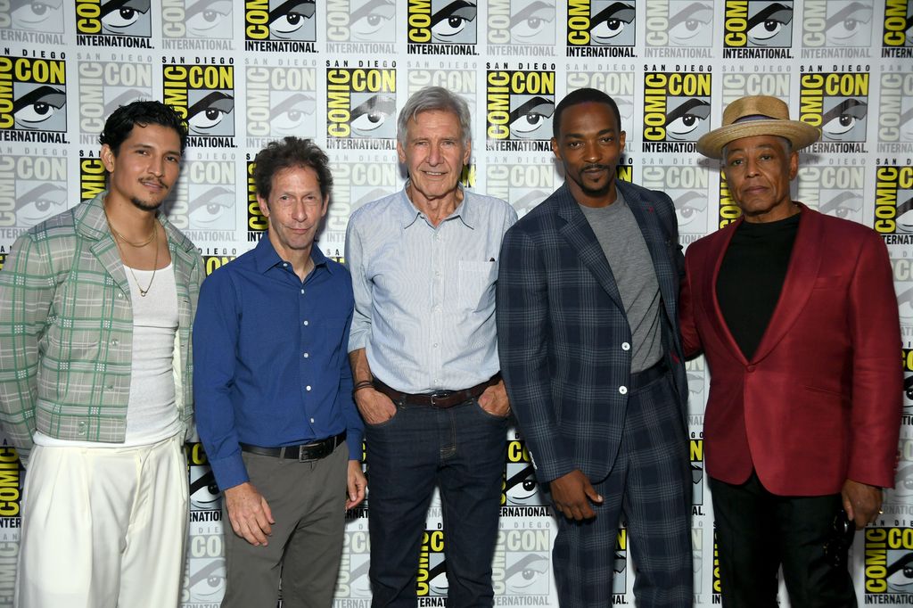 Danny Ramirez, Tim Blake Nelson, Harrison Ford, Anthony Mackie and Giancarlo Esposito attend the Marvel Studios Panel in Hall H at SDCC in San Diego, California on July 27, 2024.