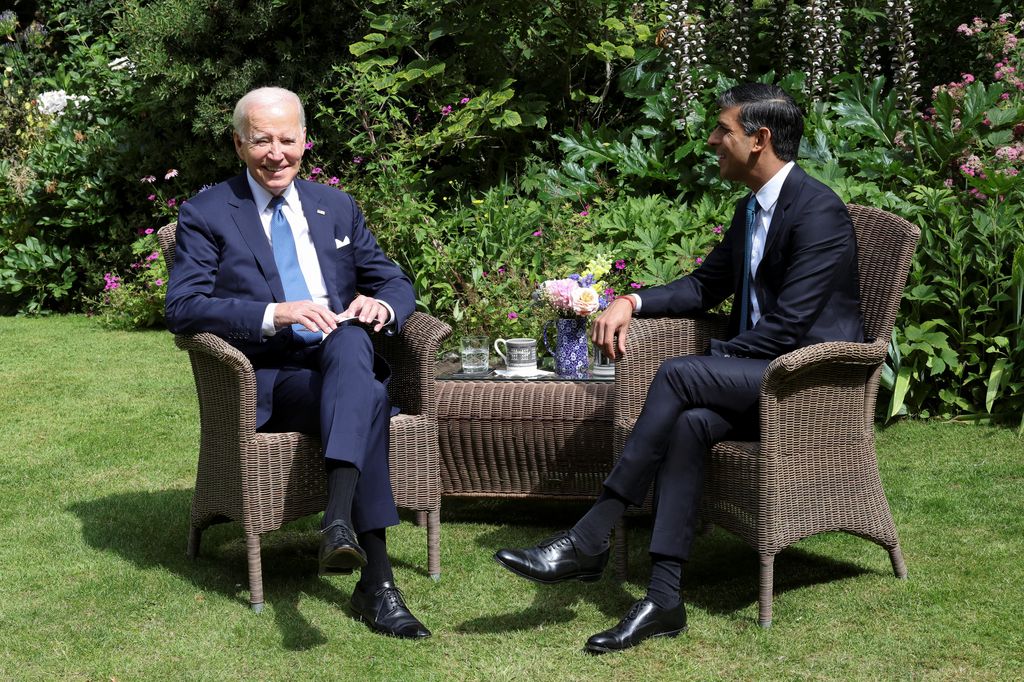 US President Joe Biden speaks with British Prime Minister Rishi Sunak in the garden of 10 Downing Street