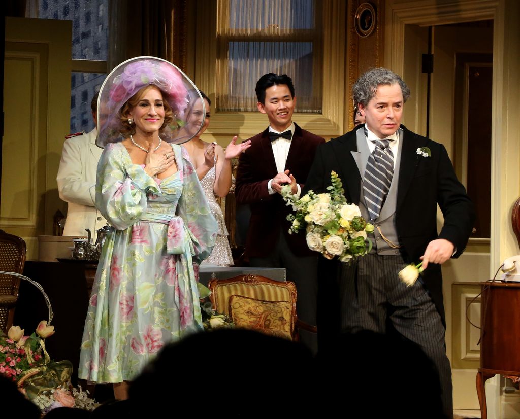 Sarah Jessica Parker and Matthew Broderick during the opening night curtain call for "Plaza Suite" on Broadway at The Hudson Theater on March 28, 2022 in New York City