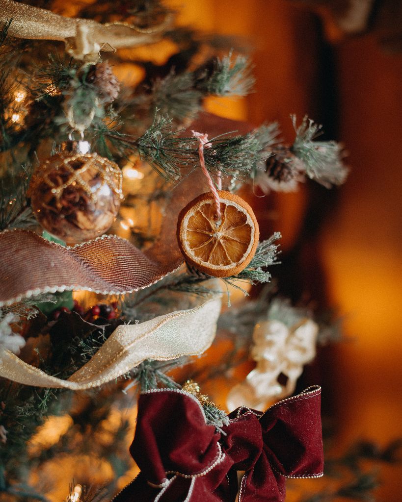 Dried Orange Ornament hanging on a Christmas Tree