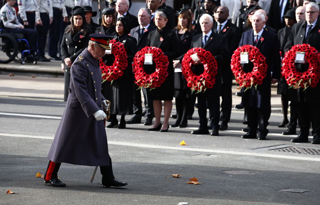 King Charles III attends the Remembrance Sunday ceremony at the Cenotaph on Whitehall on November 9, 2025 in London,