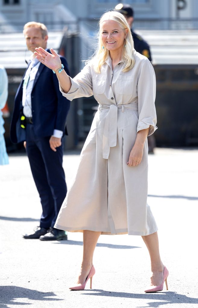 Crown Princess Mette-Marit in beige shirt dress