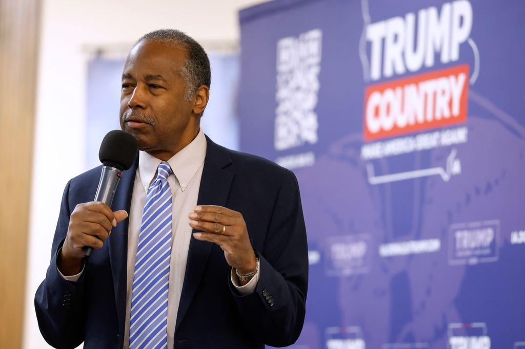 Former HUD Secretary Ben Carson campaigns for Republican presidential candidate former U.S. President Donald Trump at the Grace Baptist Church on January 11, 2024 in Marion, Iowa. Trump's campaign team is hosting several events throughout Iowa, with surrogates speaking in his place as the former President attends the closing arguments in the Trump Organization civil fraud trial in New York.