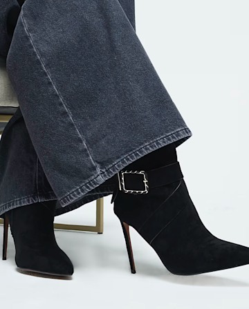 Black Woven Buckle Heeled Boot from River Island