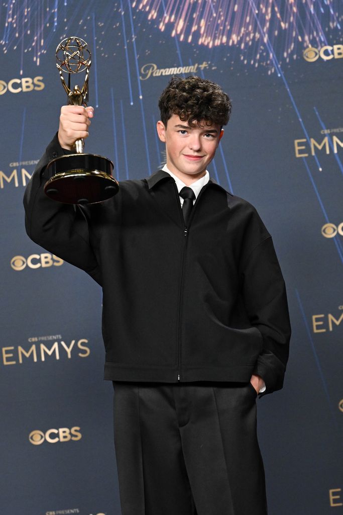 Owen Cooper poses with the Outstanding Supporting Actor in a Limited or Anthology Series award for "Adolescence" at the 77th Primetime Emmy Awards held at the Peacock Theater on September 14, 2025 in Los Angeles, California. (Photo by Gilbert Flores/Variety via Getty Images)