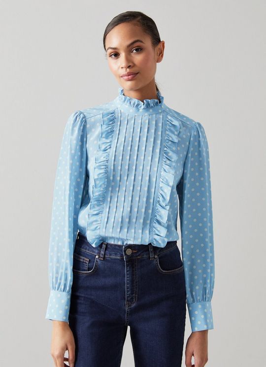 blue ruffle blouse