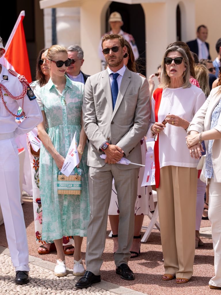 Beatrice Borromeo wears a mint-green Dior toile dress with a straw Christian Dior handbag and espadrilles during Monaco’s National Day festivities.