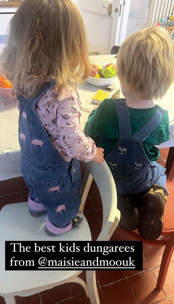 Carrie Johnson's eldest children, Romy and Wilfred twinning in matching denim dungarees