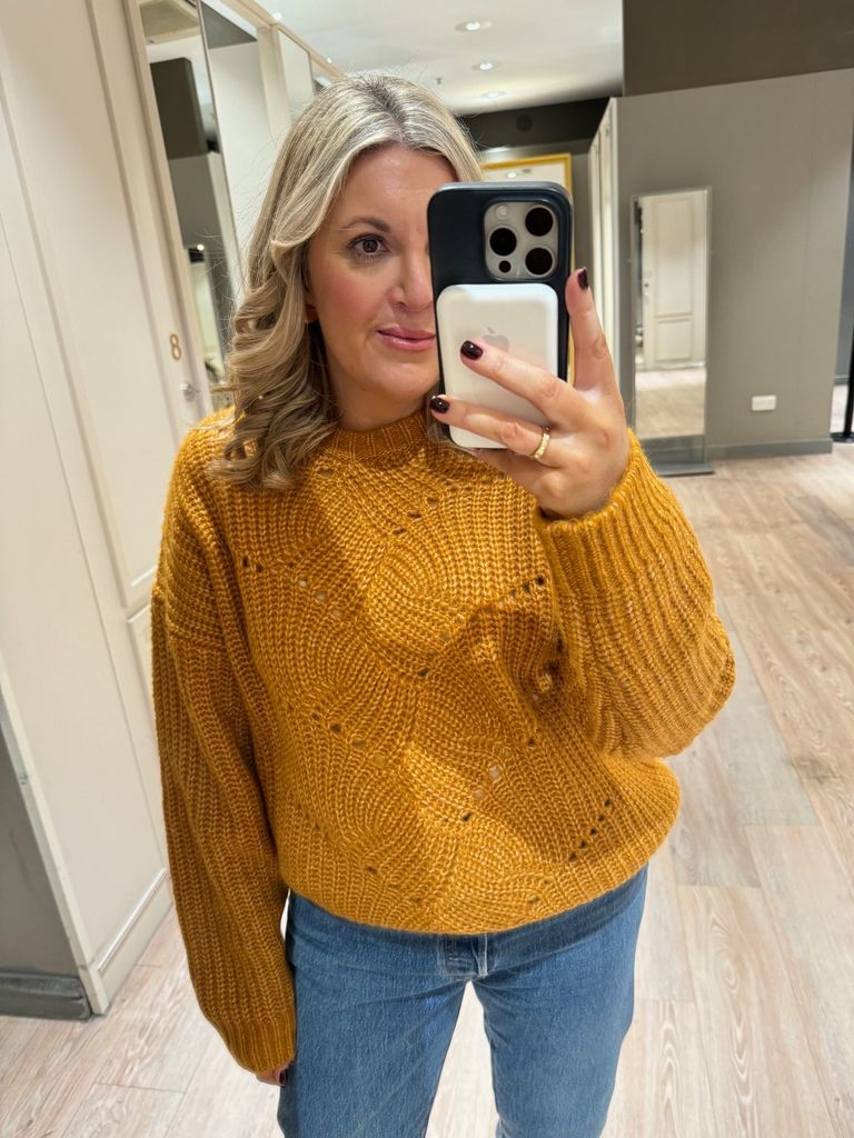 Leanne Bayley wearing mustard jumper from M&S