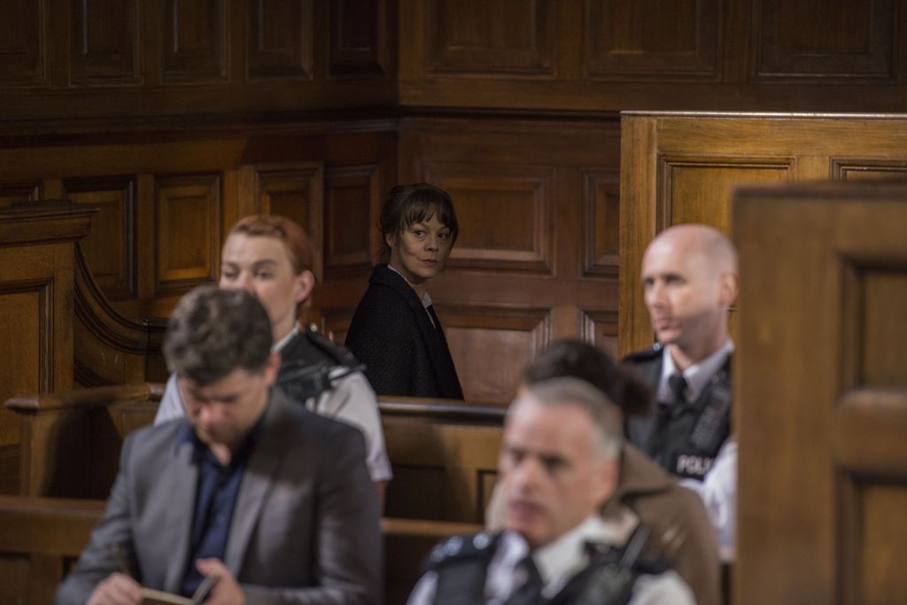 Helen McCrory as Emma Banville. She is pictured sitting in a courtroom.