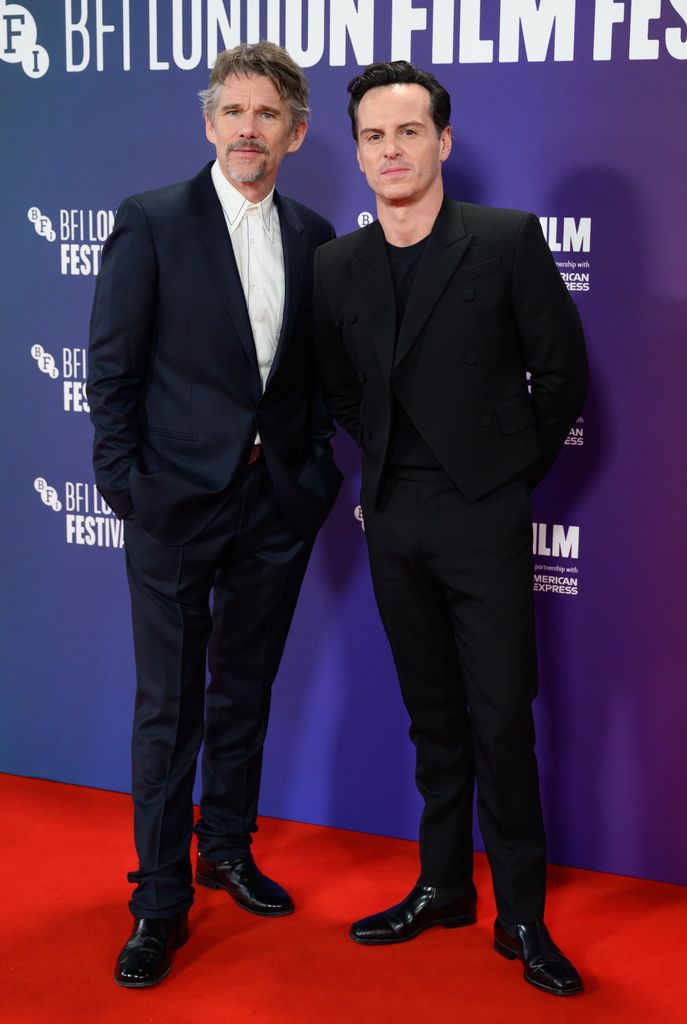 LONDON, ENGLAND - OCTOBER 16: Ethan Hawke and Andrew Scott attend the "Blue Moon" Headline Gala during the 69th BFI London Film Festival at the The Royal Festival Hall on October 16, 2025 in London, England. (Photo by Karwai Tang/WireImage)