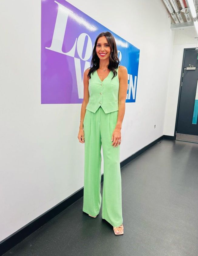 Christine Lampard in a mint green blouse and trousers