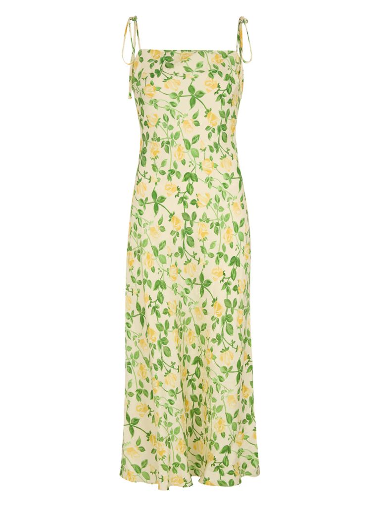 Giulia Yellow Rose Printed Jacquard Tie Shoulder Maxi Dress