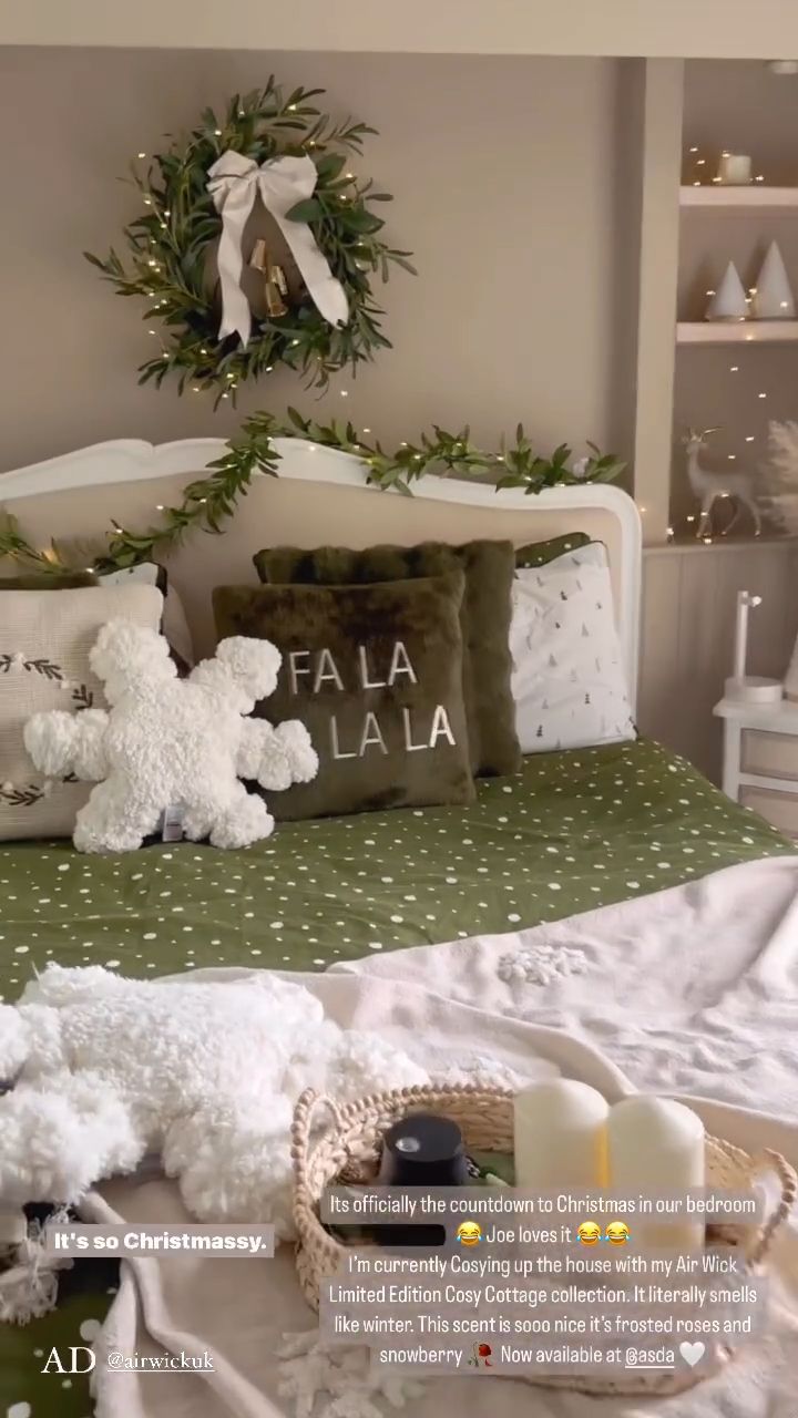 Stacey Solomon's festive bedroom with green and white bedsheets and cushions