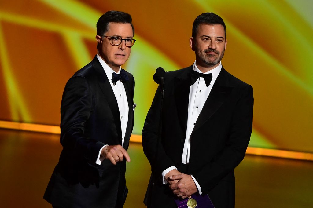 jimmy kimmel stephen colbert stage