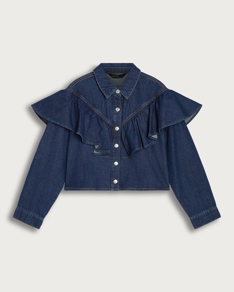 The F&F Edit Pure Cotton Denim Ruffled Shirt in Navy