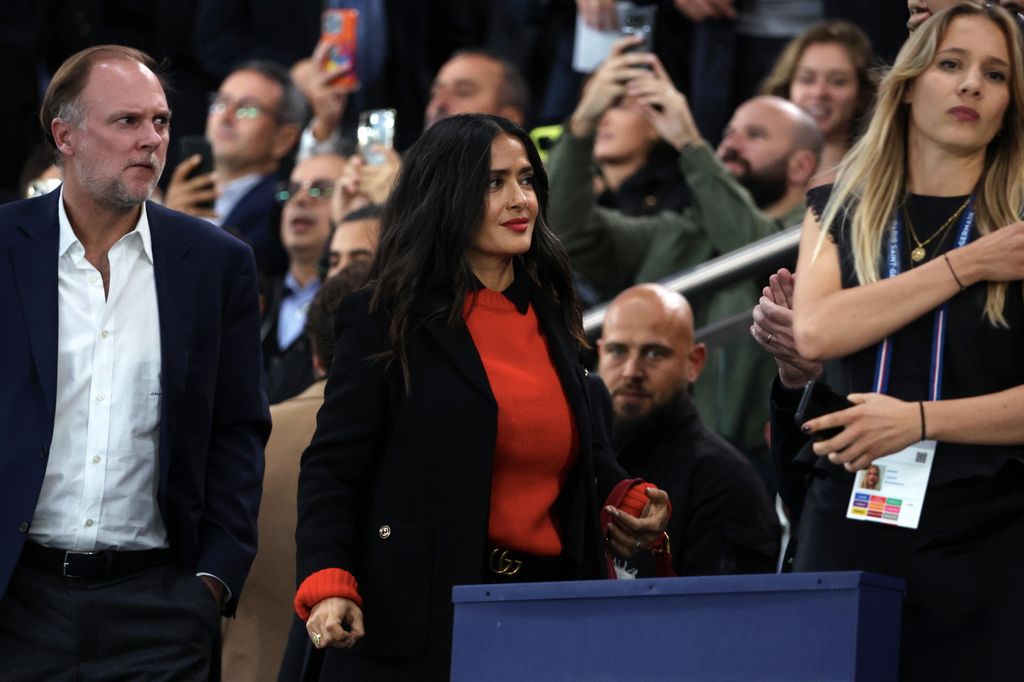 Salma Hayek reacts during the Ligue 1 McDonald's match between Paris Saint-Germain and Stade Rennais at Parc des Princes on September 27, . (Photo by Xavier Laine/Getty Images)