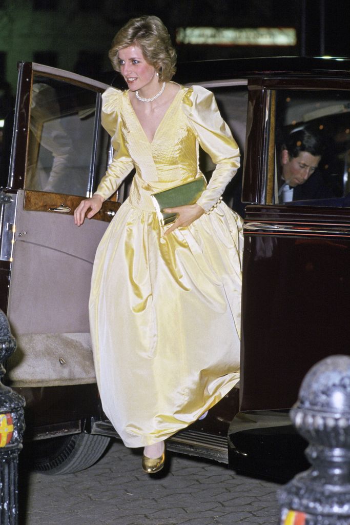 Princess Diana wearing a satin evening dress designed by Murray Arbeid 