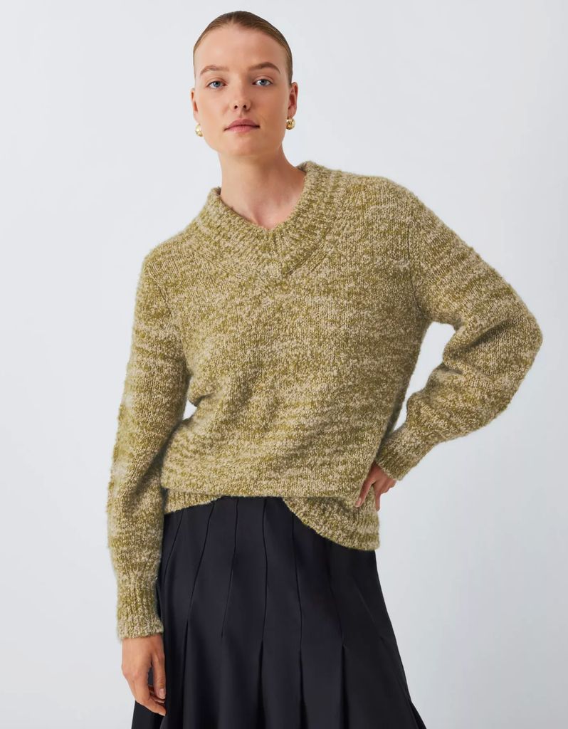 John Lewis Olive V-Neck Boucle Jumper