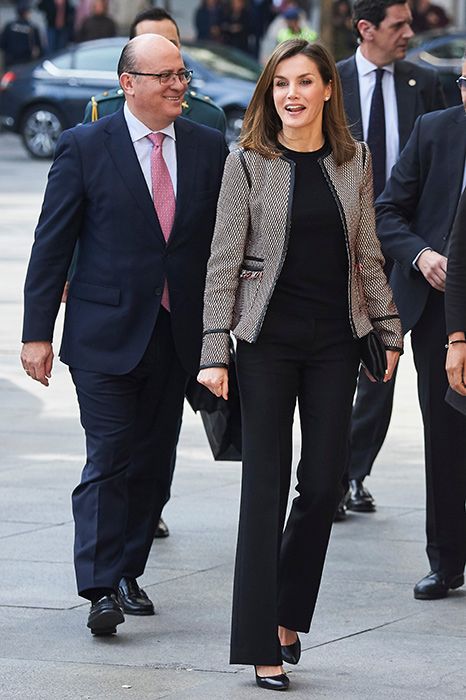 queen letizia of spain black trouser suit