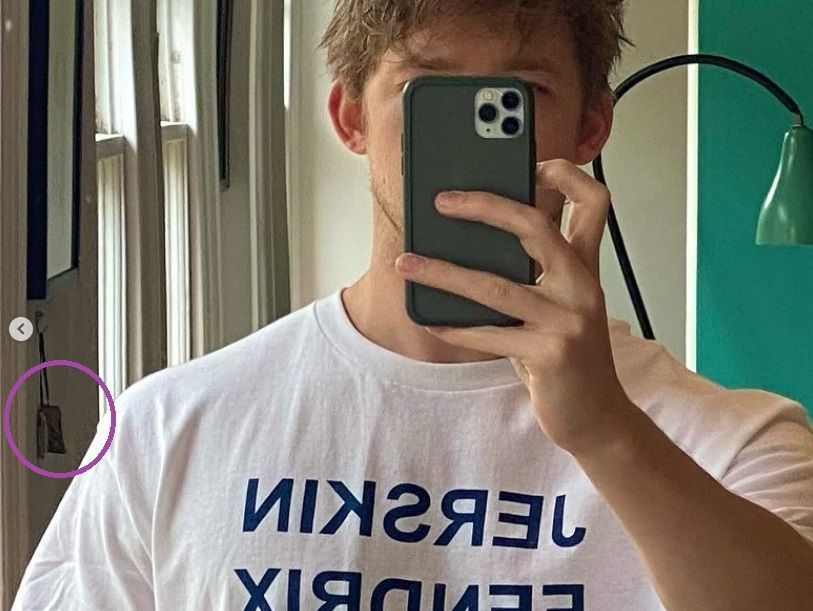 selfie of joe alwyn with embroidered pillow in the background 