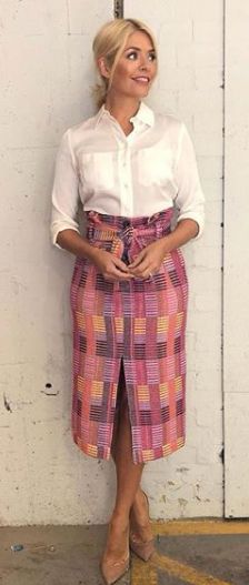 holly willoughby pink checked skirt