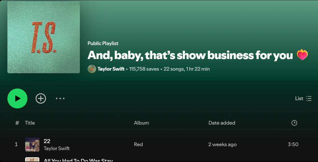Screengrab of Taylor Swift's Spotify playlsit