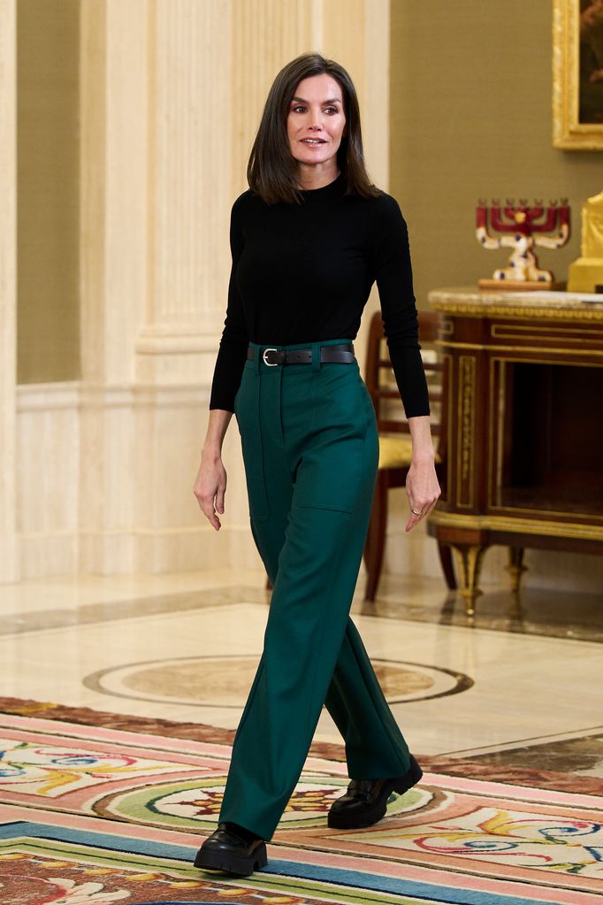 Queen Letizia of Spain stunned in bottle green and chunky black loafers