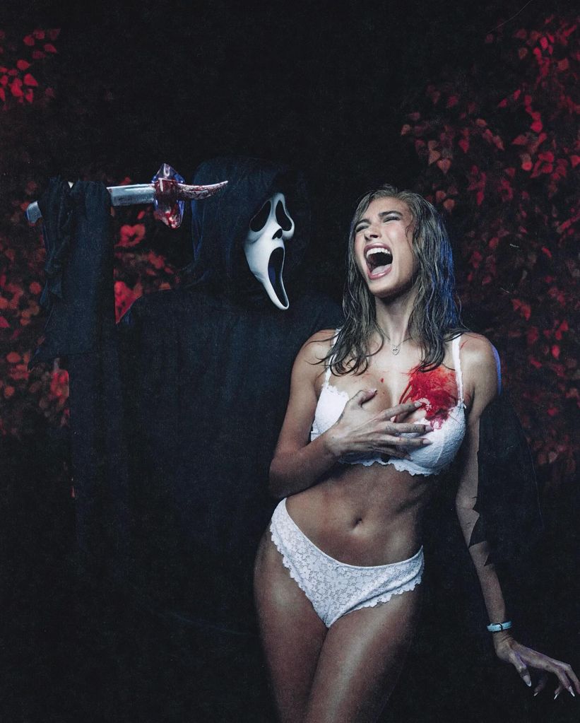 Hailey Bieber dresses up for Halloween as a character in scary movie