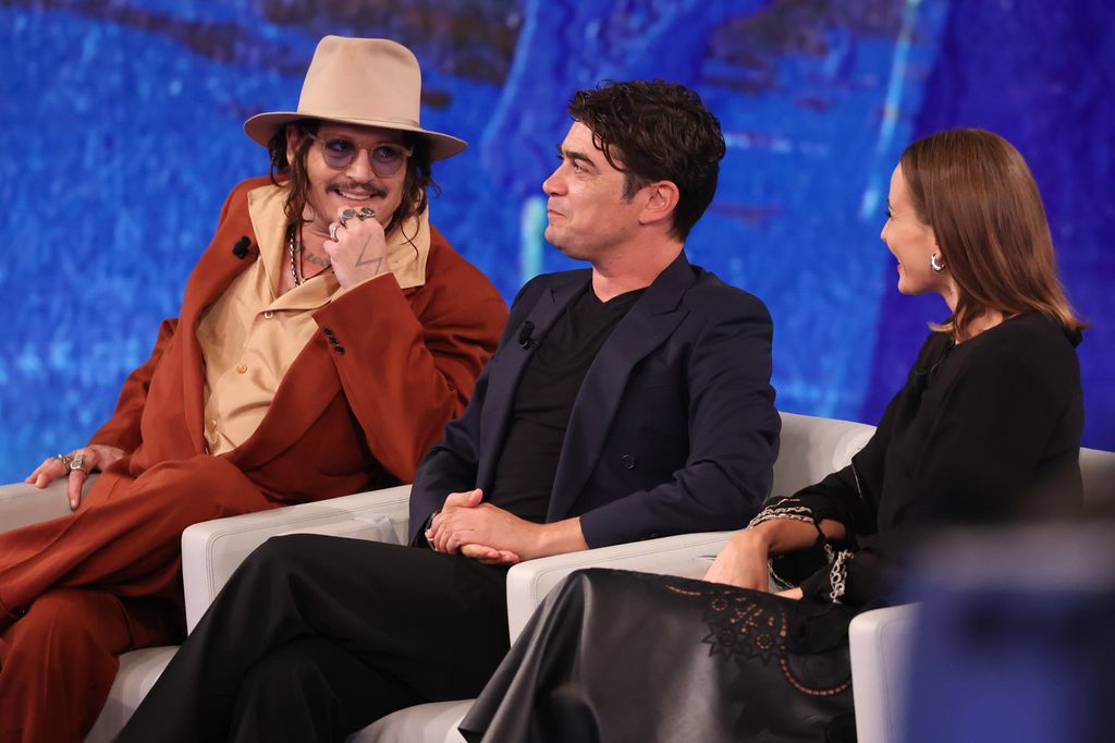 Johnny Depp, Riccardo Scamarcio and Antonia Desplat attend the "Che Tempo Che Fa" TV show at Nove Studios on October 27, 2024 in Milan