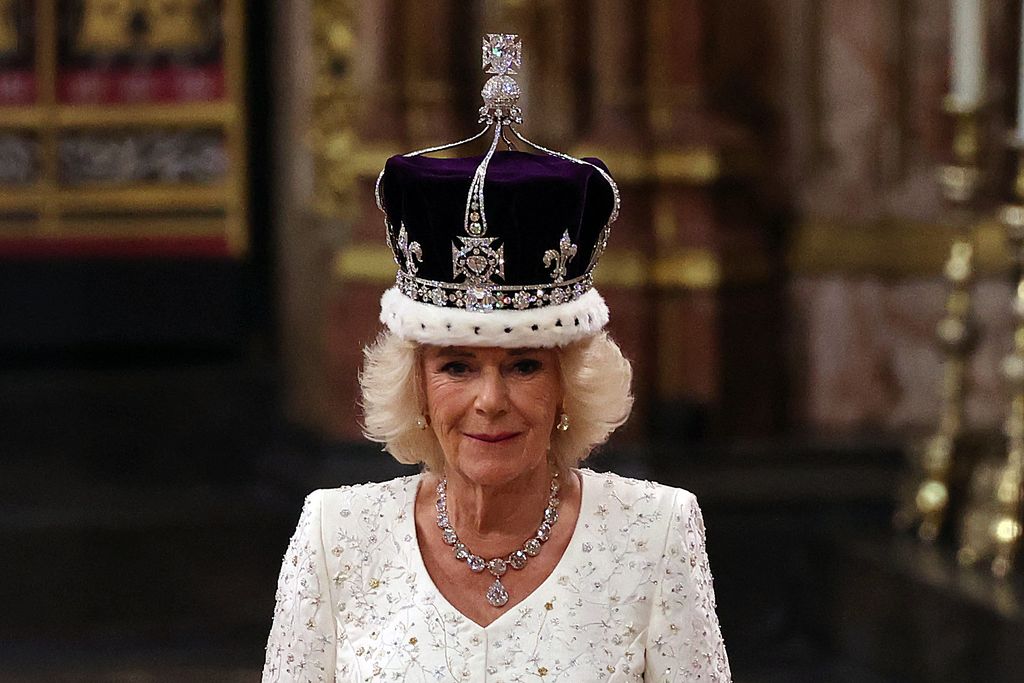 Britain's Camilla walks wearing a modified version of Queen Mary's Crown