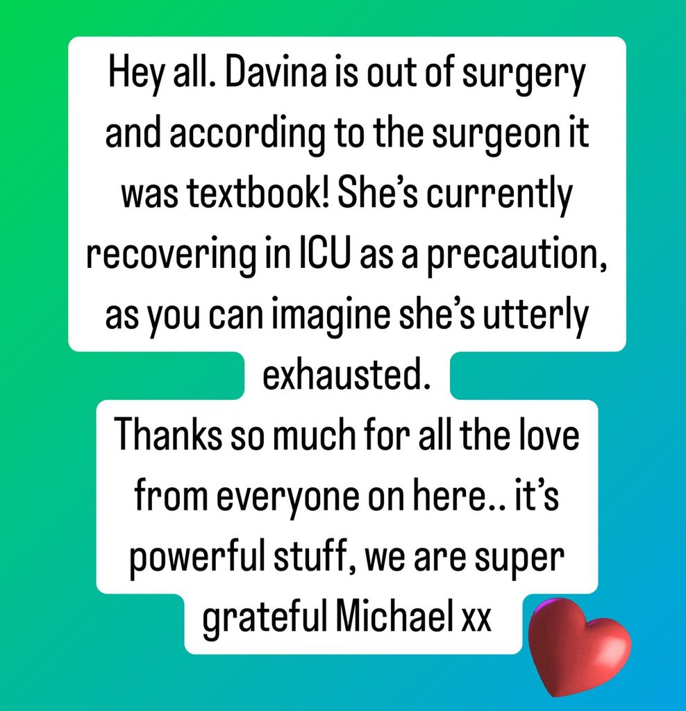 Davina's boyfriend Michael shared an update on the TV star following her procedure