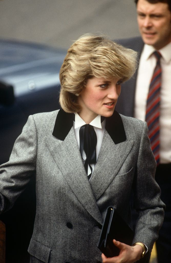 Diana, Princess Of Wales Arriving for A Visit To Barnados Children's Charity of Which She Is Patron, on November 8 1984. Her Outfit Was Described As A Teddy Boy Look With Herringbone Coat, Velvet Collar And Bow Tie 