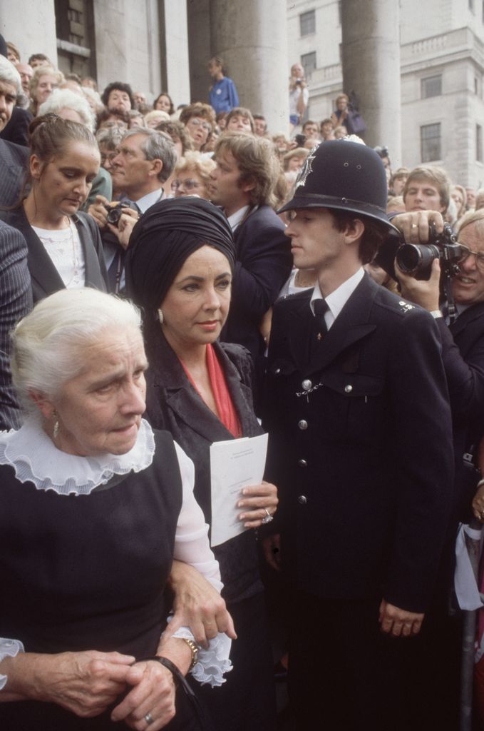 30th August 1984:  British born American actress Elizabeth Taylor at the memorial service for her ex-husband, Richard Burton at the church of St Martin-in-the-Fields, London, with his elderly sister.  (Photo by Hulton Archive/Getty Images)