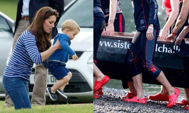 Prince George in his Crocs (L), Duchess Kate wearing Crocs rowing