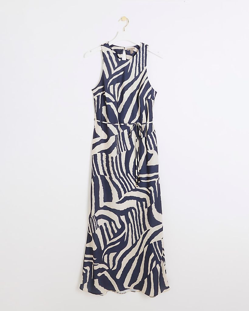 Navy Satin Animal Print Slip Maxi Dress