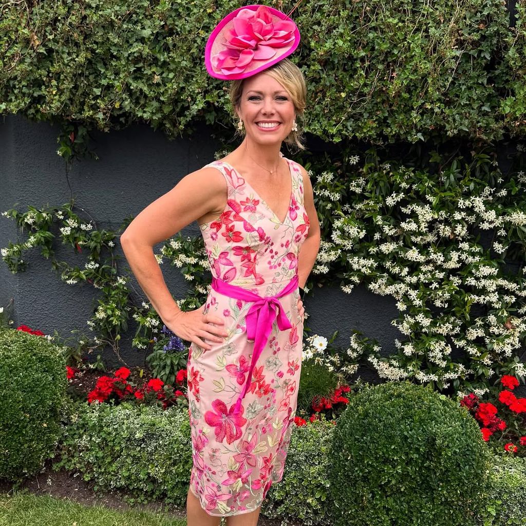 Dylan Dreyer wearing a pink dress and pink fascinator 