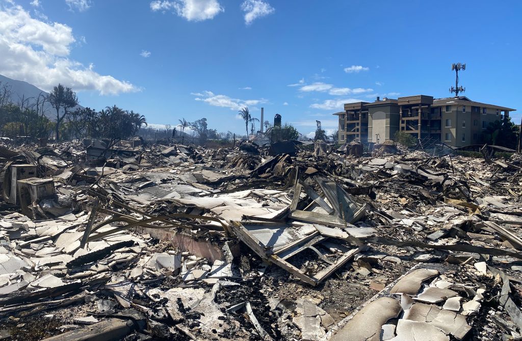 Destroyed buildings and homes are pictured in the aftermath of a wildfire in Lahaina, western Maui, Hawaii on August 11, 2023. A wildfire that left Lahaina in charred ruins has killed at least 55 people, authorities said on August 10