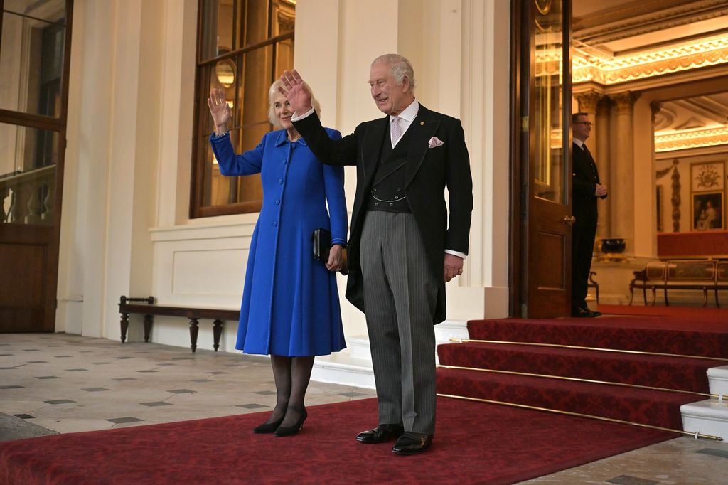 King Charles and Queen Camilla wave during a formal farewell to South Korea's President Yoon Suk Yeol and South Korea's First Lady Kim Keon Hee